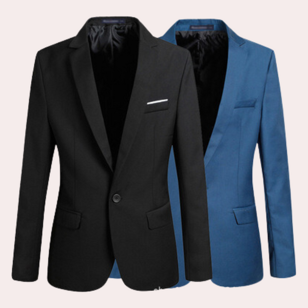 Twee stijlvolle herenblazers, zwart en blauw, met klassieke revers en borstzak, ideaal voor casual en formele gelegenheden.
