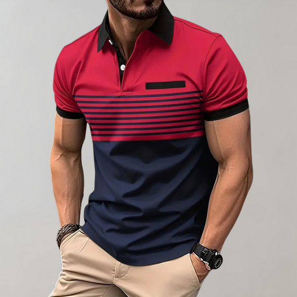 Rood en donkerblauw gestreept herenpoloshirt, korte mouwen, zwarte kraag, casual stijl, ideaal voor modebewuste mannen.