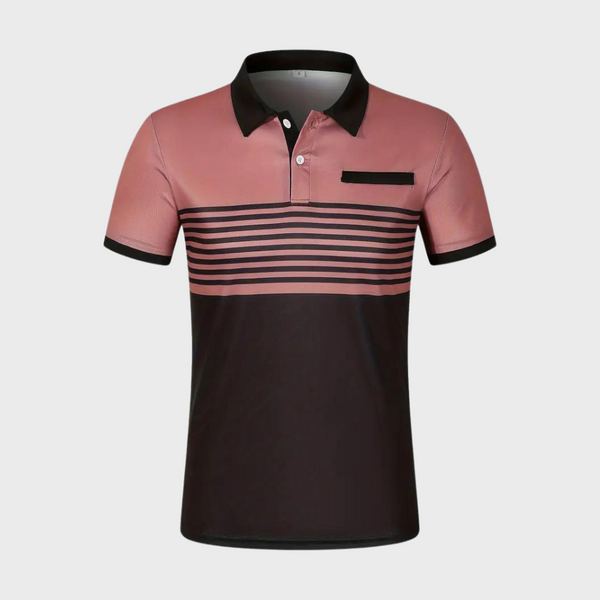 Gestreept herenpoloshirt in roze en zwart, korte mouwen, knoopsluiting, borstzakje, modieus design. Perfect voor casual en formele gelegenheden.