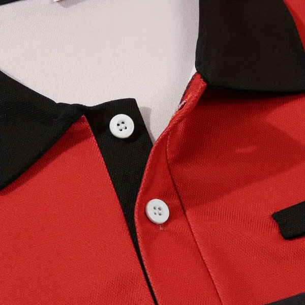 Rood gestreept herenpoloshirt met zwarte kraag en witte knopen, stijlvolle casual mode, hoogwaardige stof, perfect voor dagelijks gebruik.
