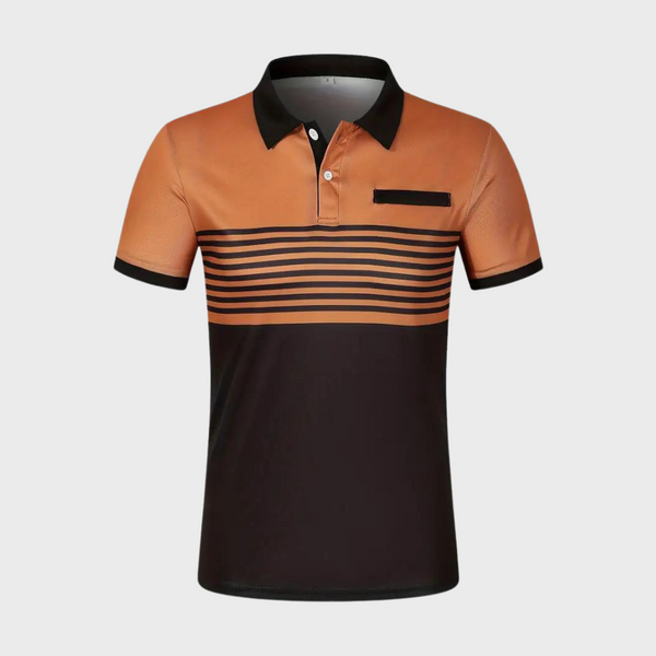 Oranje en zwart gestreept herenpoloshirt met kraag en borstzak, modieus ontwerp, casual herenkleding, geschikt voor dagelijks gebruik.