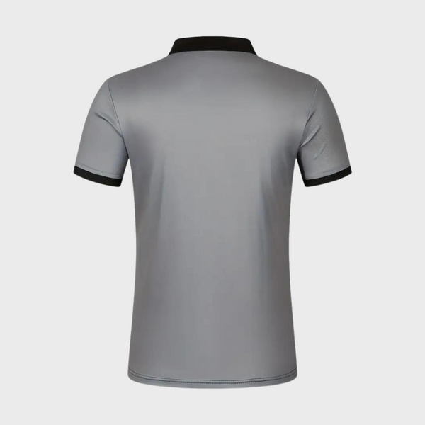 Grijs herenpoloshirt met zwarte kraag en mouwboorden, gestreept patroon, comfortabele pasvorm. Perfect voor casual en zakelijke gelegenheden.