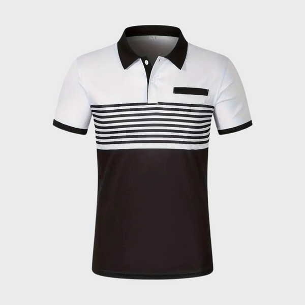 Gestreept herenpoloshirt, zwart-wit design, korte mouwen, knoopsluiting, borstzakje, casual en stijlvol, perfect voor zomermode.