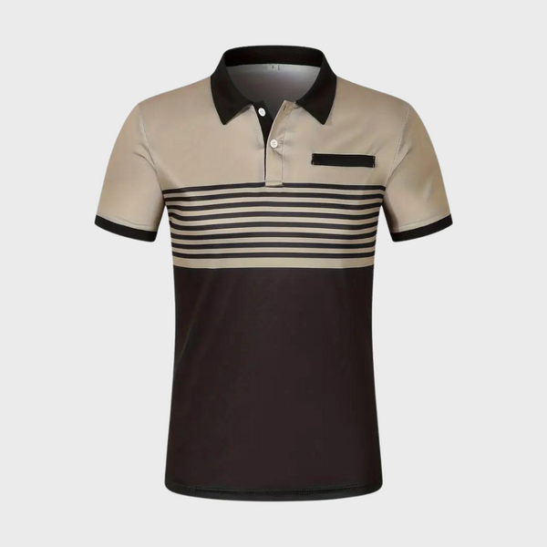 Gestreept herenpoloshirt in beige en zwart, korte mouwen, knoopsluiting, borstzakje. Stijlvol en modern design voor casual en formele gelegenheden.