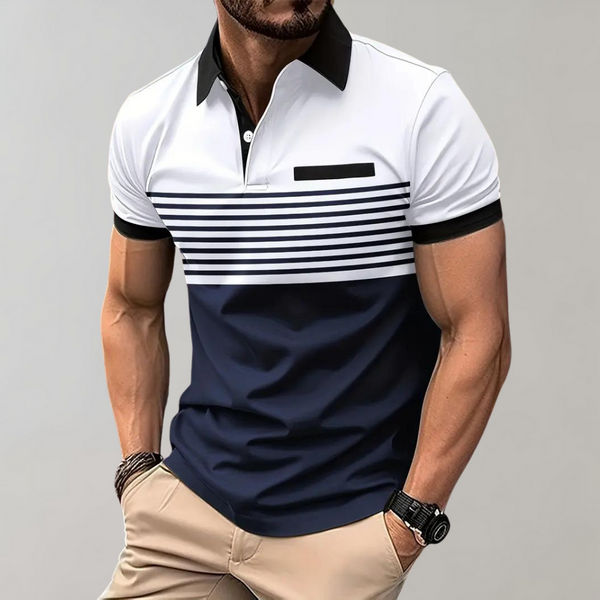 Gestreept herenpoloshirt met korte mouwen, wit en donkerblauw, contrasterende kraag, geschikt voor casual en sportieve gelegenheden.