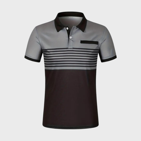 Gestreept herenpoloshirt in grijs en zwart, korte mouwen, knoopsluiting, borstzak. Stijlvol en modern ontwerp voor casual en formele gelegenheden.