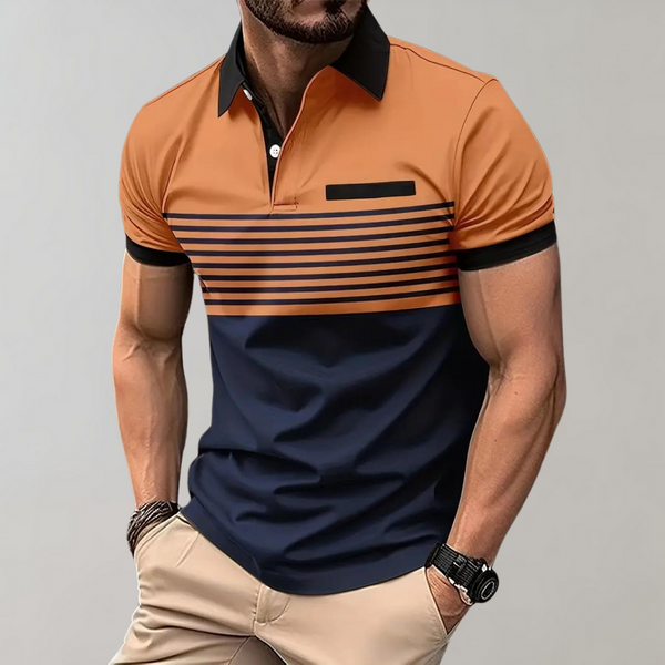 Oranje en marineblauw gestreept herenpoloshirt, korte mouwen, zwarte kraag, casual stijl. Perfect voor modieuze en comfortabele herenkleding.