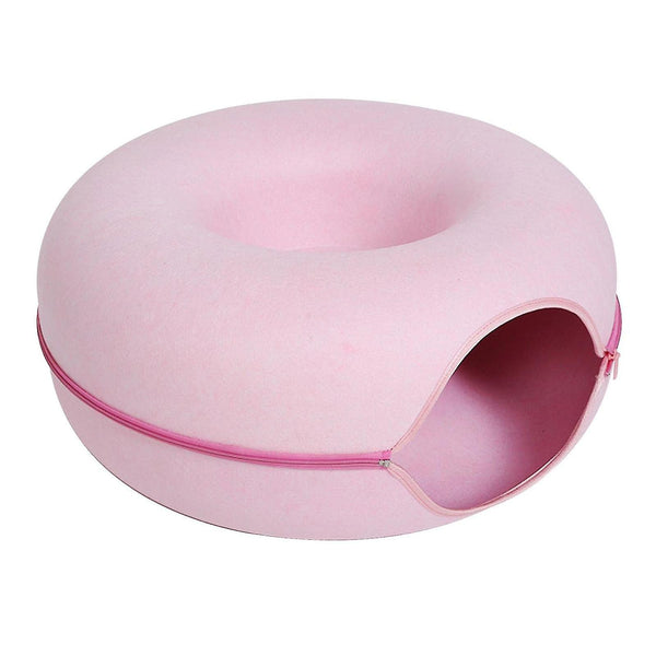 Roze kattenmand in de vorm van een donut, met een ronde opening en ritssluiting. Comfortabel huisdierbed, perfect voor katten en kleine honden.