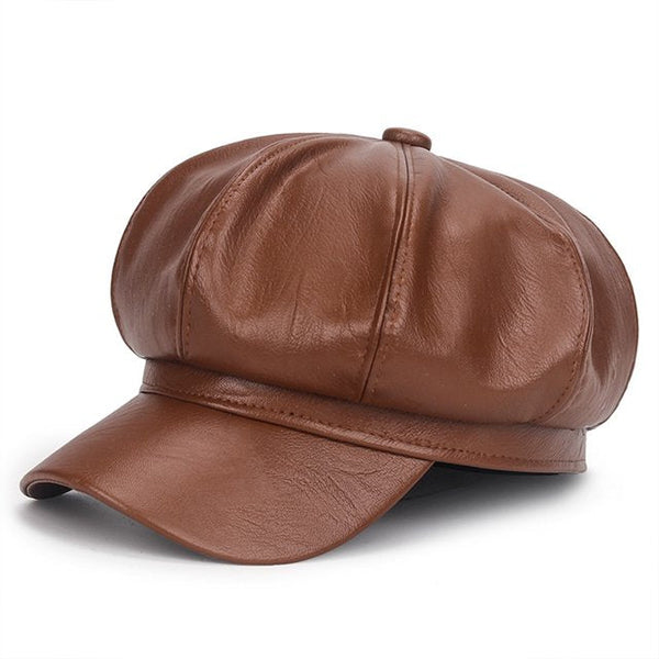 Bruine PU-leren schilderspet, ook wel Ivy baret genoemd. Modieuze unisex pet, ideaal voor herfst- en winterseizoenen. Perfecte accessoire voor casual outfits.