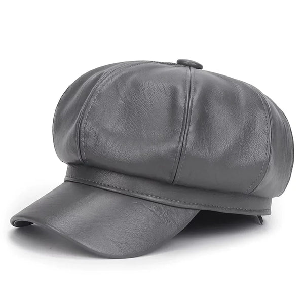 Grijze PU-leren schilderspet, Ivy baret stijl, modieus en duurzaam. Perfect voor casual en stijlvolle outfits. Unisex accessoire.