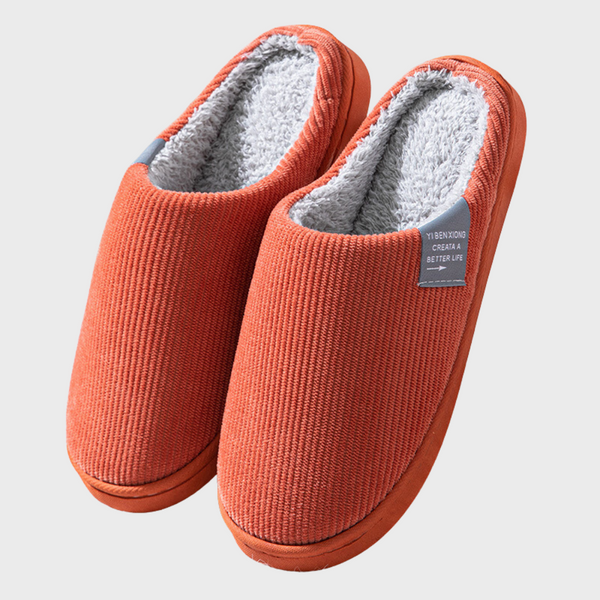 Oranje pantoffels met grijze voering, comfortabel en warm, ideaal voor thuisgebruik. Perfecte keuze voor heren, antislip zool, stijlvol design.