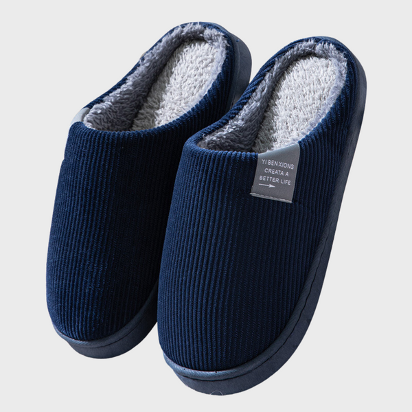 Donkerblauwe herenpantoffels met grijze voering, comfortabele winterse huisschoenen, antislip zool, ideaal voor binnengebruik, warme sloffen.