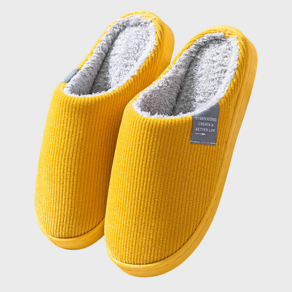 Gele pantoffels met grijze voering, comfortabele huispantoffels voor dames, antislip, warme winterpantoffels, perfect voor thuisgebruik.