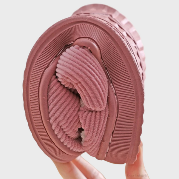 Roze opvouwbare pantoffel met ribstof, flexibele zool en comfortabel ontwerp, ideaal voor thuisgebruik. Perfecte keuze voor damespantoffels.