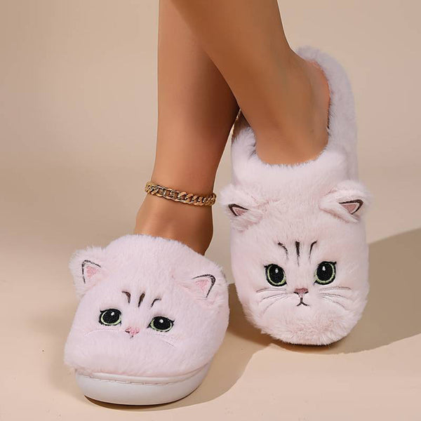 Roze pluche pantoffels met schattig kattengezicht, damesmode, comfortabele huisschoenen, warme winteraccessoires, trendy kattensloffen.