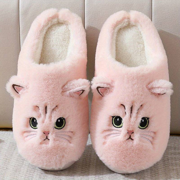 Roze pluche pantoffels met schattig kattengezicht, warme winter sloffen voor dames, comfortabele huisschoenen, perfect voor koude dagen.