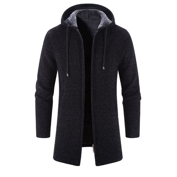 Zwarte heren hoodie jas met capuchon, lange mouwen en ritssluiting. Stijlvolle winterkleding, warme casual jas voor herenmode.