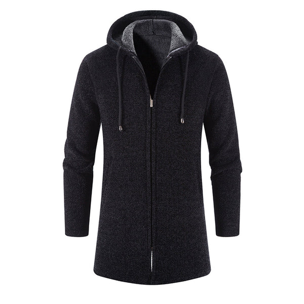 Zwarte heren hoodie met rits, lange mouwen en capuchon. Comfortabele casual kleding, ideaal voor herfst en winter. Stijlvolle en warme trui.