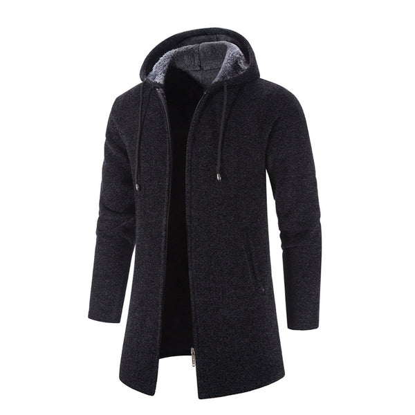 Zwarte heren winterjas met capuchon, ritssluiting en fleece voering. Stijlvolle en warme jas voor koude seizoenen. Perfect voor casual en outdoor gebruik.
