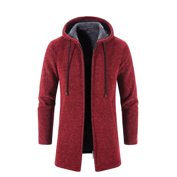 Rode herenjas met capuchon, ritssluiting en lange mouwen, gemaakt van warme stof. Stijlvolle winterjas voor mannen, ideaal voor casual en outdoor gebruik.