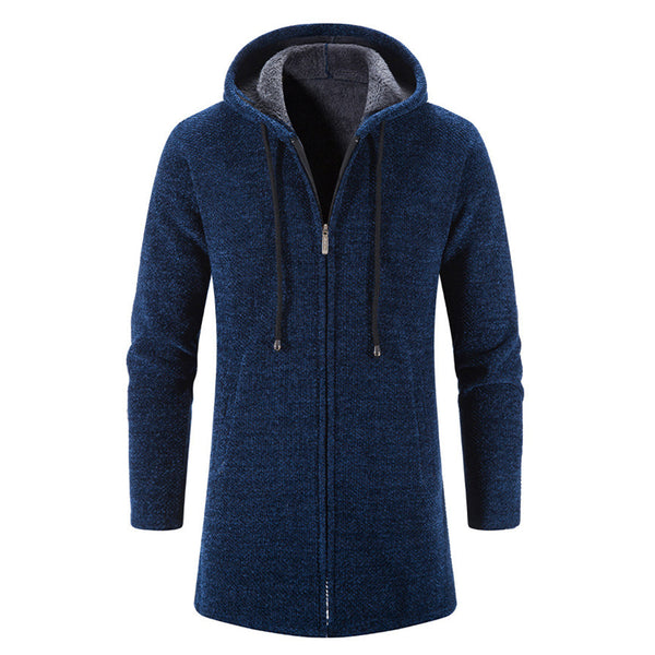 Blauwe heren hoodie met rits, capuchon en trekkoorden. Comfortabele, casual stijl, ideaal voor dagelijks gebruik. Perfect voor herfst en winter.