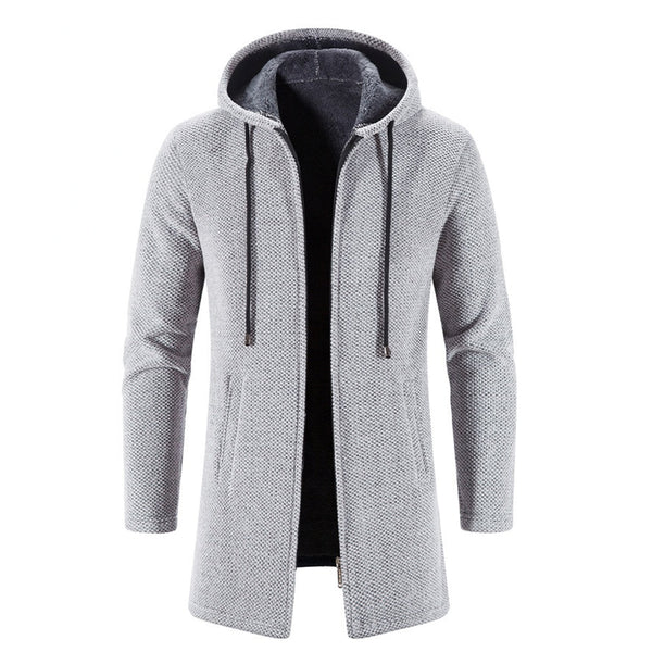 Grijze heren hoodie jas met ritssluiting, lange mouwen en capuchon. Stijlvolle en warme winterkleding voor casual en sportieve outfits.