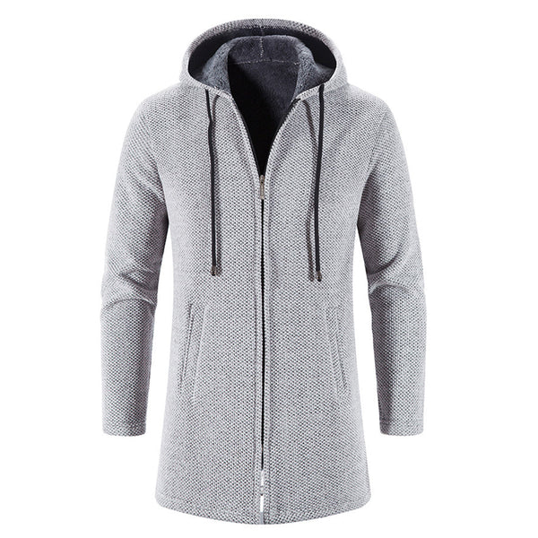 Grijze herenjas met capuchon, ritssluiting en lange mouwen. Stijlvolle winterjas, casual en warm. Perfect voor dagelijks gebruik.