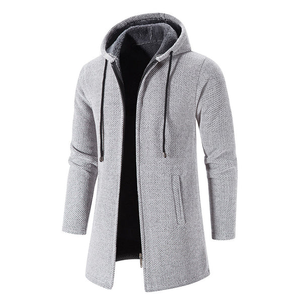 Grijze herenjas met capuchon, ritssluiting en zakken, wintermode, stijlvolle en warme bovenkleding, geschikt voor casual en formele gelegenheden.