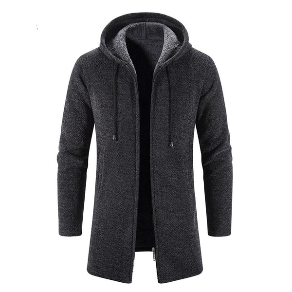 Donkergrijze heren hoodie jas met capuchon, ritssluiting en lange mouwen. Stijlvolle winterkleding, warme en comfortabele stof.