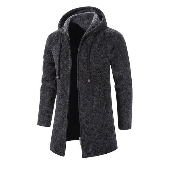 Donkergrijze heren winterjas met capuchon, ritssluiting en lange mouwen. Stijlvolle warme jas voor herenmode, ideaal voor koude seizoenen.