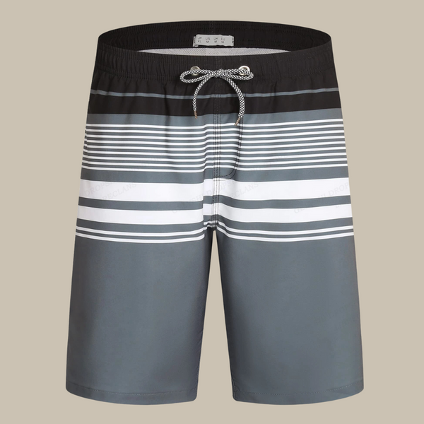 Grijze zwembroek met zwart-witte horizontale strepen en trekkoord, ideaal voor strand en zwembad. Comfortabele pasvorm, modieus design.