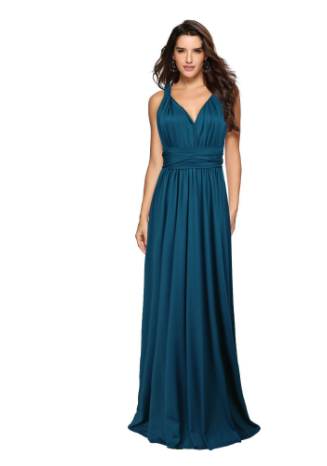 Blauwe avondjurk met halternek en geplooide taille, elegante lange jurk voor dames, perfect voor formele gelegenheden en gala's.