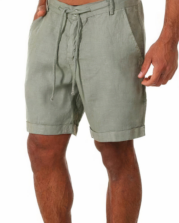 Groene linnen korte broek voor heren met trekkoord, casual zomerstijl, comfortabele pasvorm, ideaal voor strand- of vrijetijdskleding.