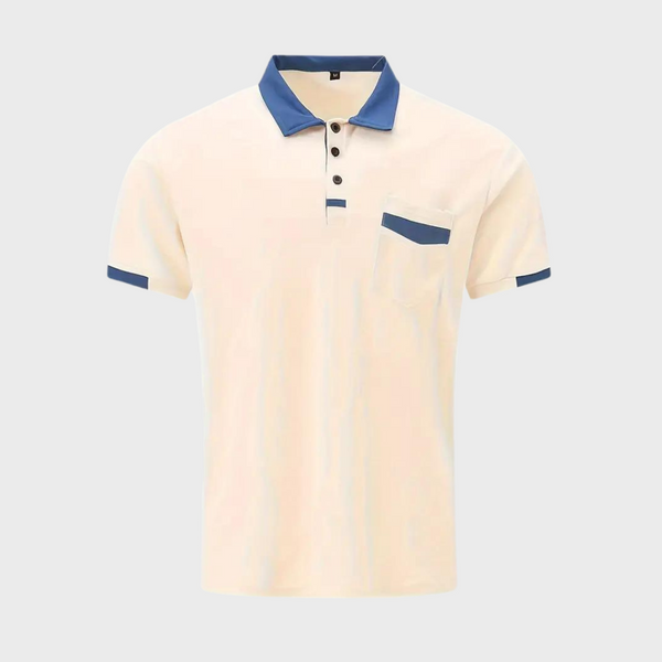 Crèmekleurig heren poloshirt met blauwe kraag en manchetten, knoopsluiting en borstzak. Stijlvol en modern design, ideaal voor casual en zakelijke gelegenheden.