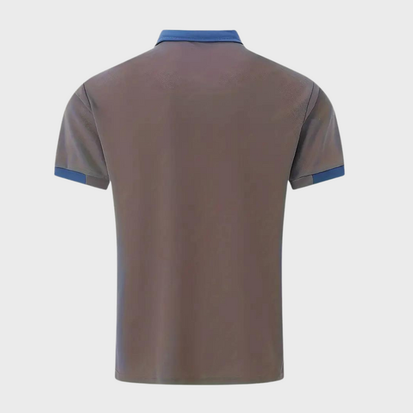 Bruin herenpoloshirt met blauwe kraag en mouwboorden, stijlvolle casual mode, hoogwaardige stof, perfect voor dagelijks gebruik.