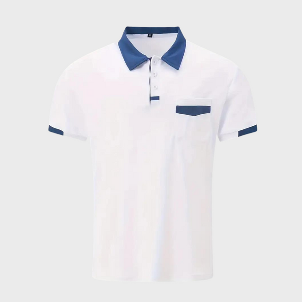 Wit heren poloshirt met blauwe kraag en manchetten, borstzakje, korte mouwen. Stijlvol en casual, ideaal voor zomerse outfits.