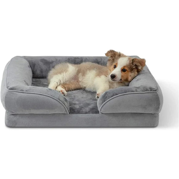 Grijze orthopedische huisdierensofa met wasbare hoes, geschikt voor honden en katten, biedt comfort en ondersteuning, niet vervormbaar.