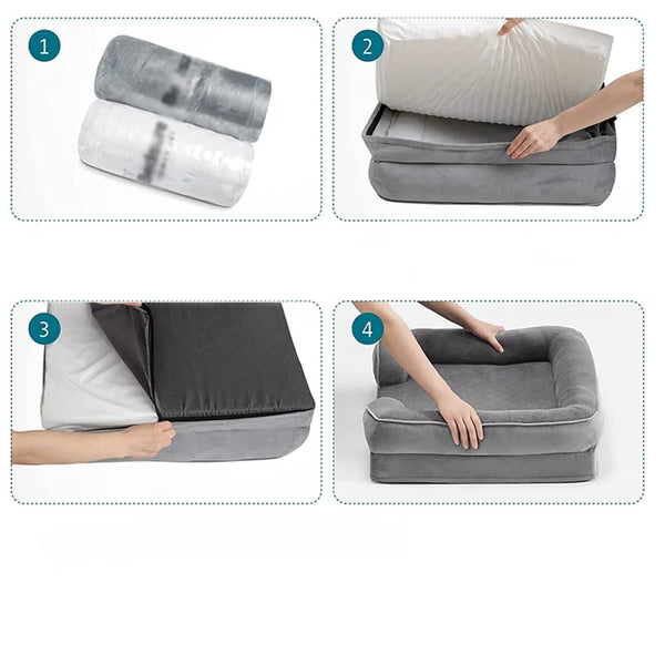 Grijze afneembare en wasbare huisdierensofa, orthopedisch ontwerp, eenvoudig te monteren, geschikt voor honden en katten, duurzaam en comfortabel.