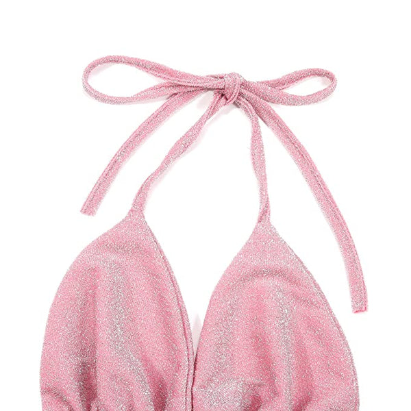 Roze glitter bikini top met halternek, ideaal voor festivals. Trendy en opvallende festivalmode voor de zomer. Perfect voor strand- en feestoutfits.