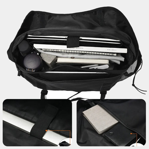 Zwarte multifunctionele rugzak met laptopvak, boeken, notitieboekjes en accessoires. Ideaal voor werk, school en reizen. Ruime en georganiseerde opbergruimte.