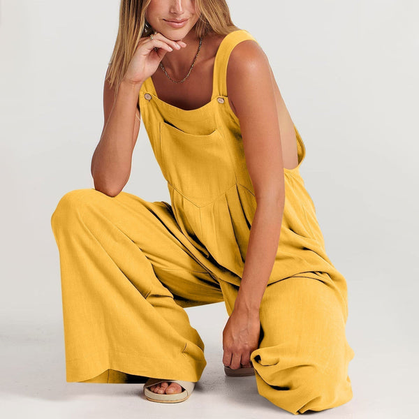 Vrouw in gele jumpsuit, modetrend 2023, comfortabele dameskleding, casual stijl, zomermode, duurzame stof, stijlvolle outfit, modeaccessoires.
