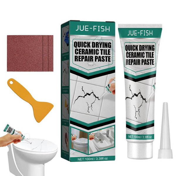 JUE-FISH sneldrogende keramische tegelreparatiepasta set met tube, spatel en schuurpapier voor tegelherstel en scheurvulling.