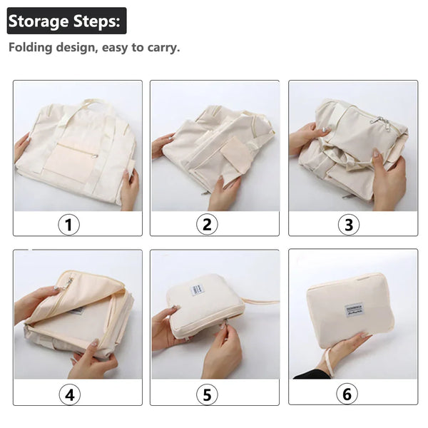Opvouwbare tas instructies, beige kleur, stap-voor-stap handleiding, compact ontwerp, draagbaar, gemakkelijk op te bergen, reisaccessoire.