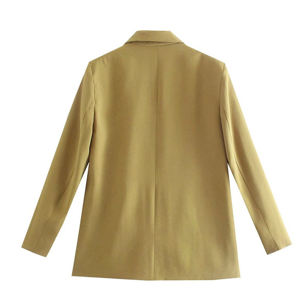 Beige damesblazer, lange mouwen, klassieke kraag, minimalistisch ontwerp. Perfect voor zakelijke en casual outfits. Hoogwaardige stof.