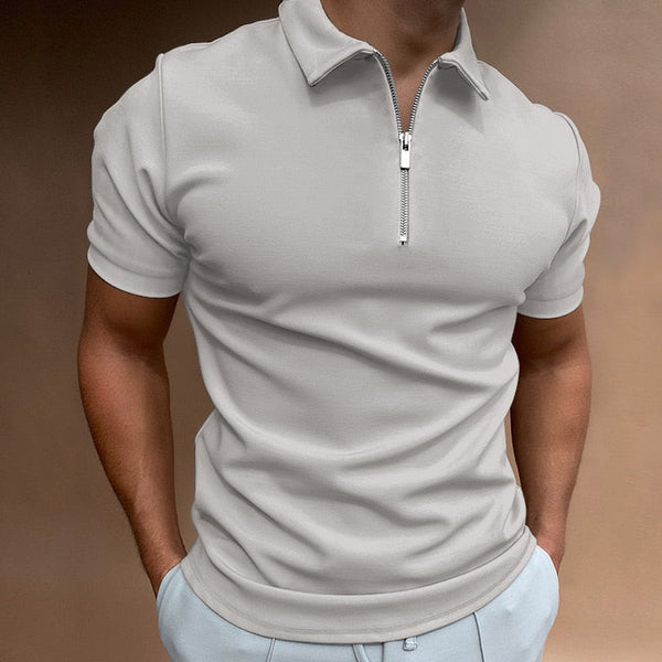 Grijze polo met ritssluiting voor heren, korte mouwen, casual stijl, perfect voor zomeroutfits. Comfortabele pasvorm, modieuze herenkleding.