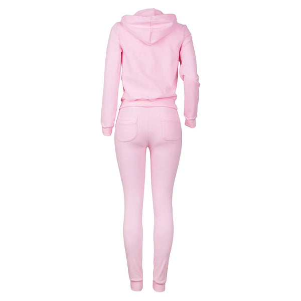 Roze dames trainingspak met capuchon, lange mouwen en strakke broek. Comfortabele sportkleding, ideaal voor casual en sportieve activiteiten.
