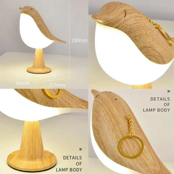 Houten vogel tafellamp met LED-verlichting, 150mm hoog, modern design, ideaal voor slaapkamer of kantoor, sfeerverlichting, Scandinavische stijl.