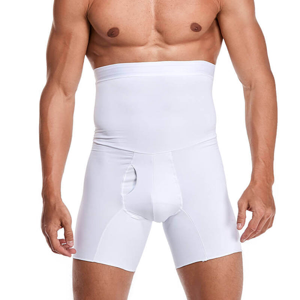 Man in witte compressie shapewear boxer met hoge taille, ontworpen voor buikondersteuning en slankmakend effect. Comfortabel en ademend materiaal.