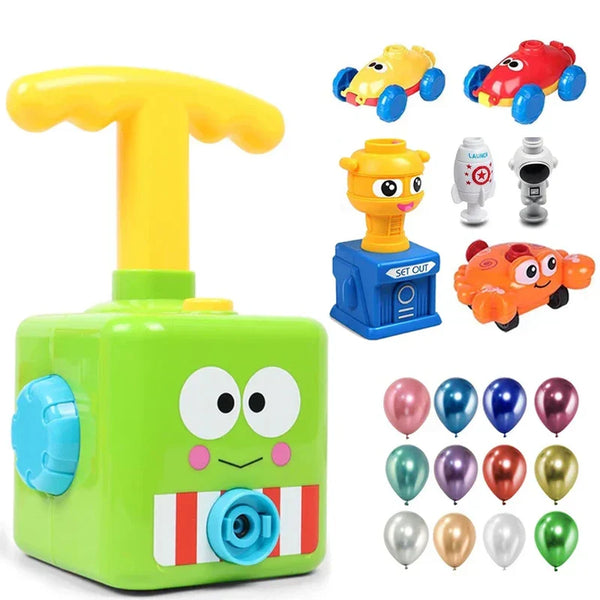 Groene speelgoedpomp met kikkergezicht, kleurrijke autootjes en ballonnen. Educatief speelgoed voor kinderen, ideaal voor motorische ontwikkeling.