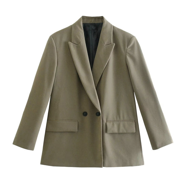 Olijfgroene oversized blazer voor dames, dubbele knoopsluiting, lange mouwen, zakelijke casual stijl, modieuze dameskleding.